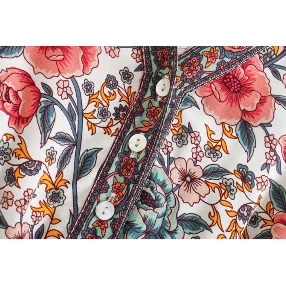 3/4 sleeve floral print red ruffle v neck dress - Picture 4 of 5